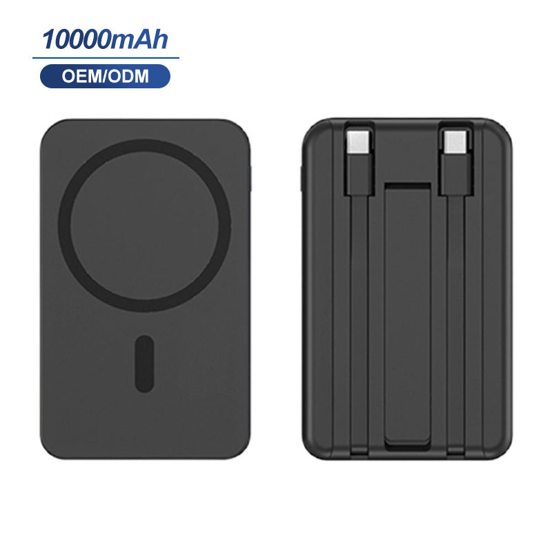 10000mAh Magnetic Power Bank - Black version with built-in cables and kickstand